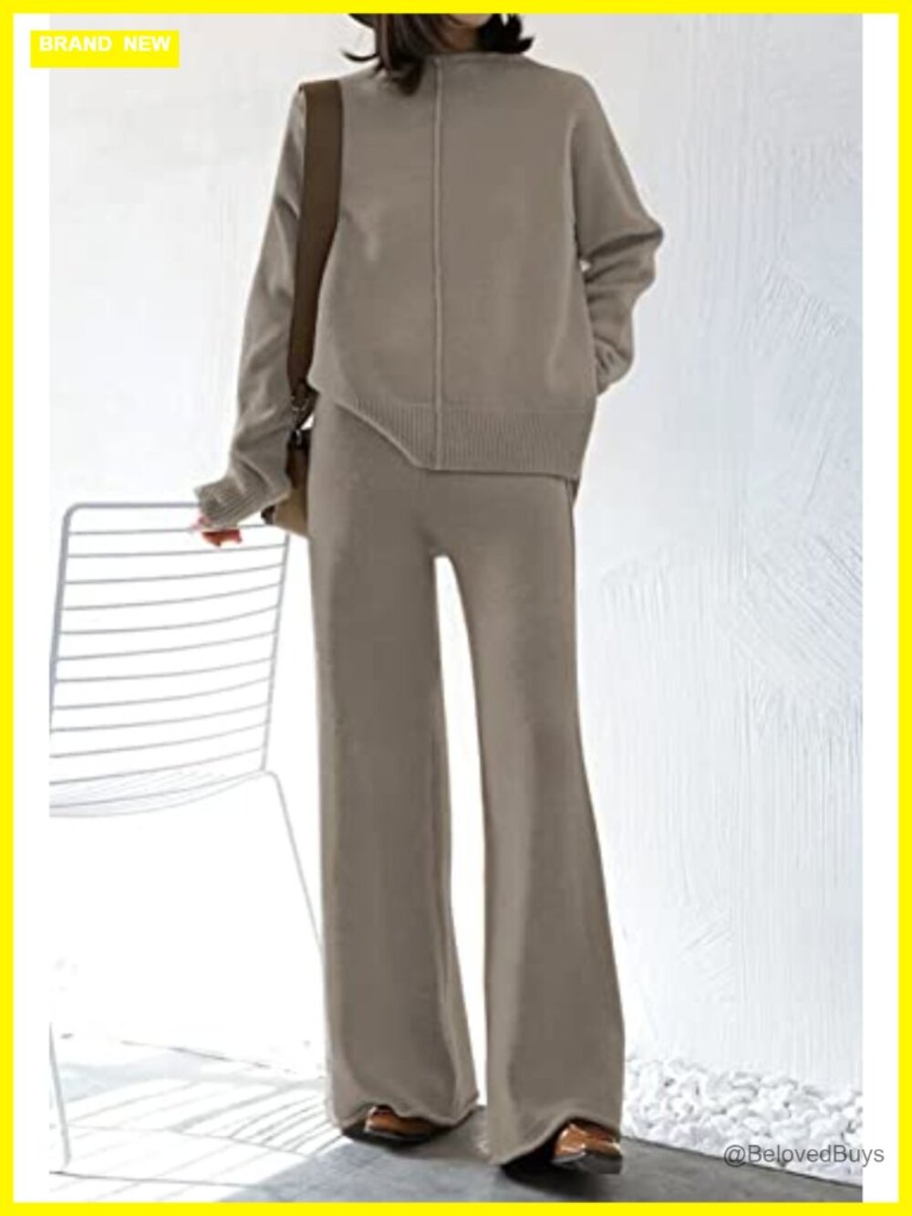 2 Piece Sweater Set High Neck Top Wide Leg Pants Loungewear - Picture 2 of 7